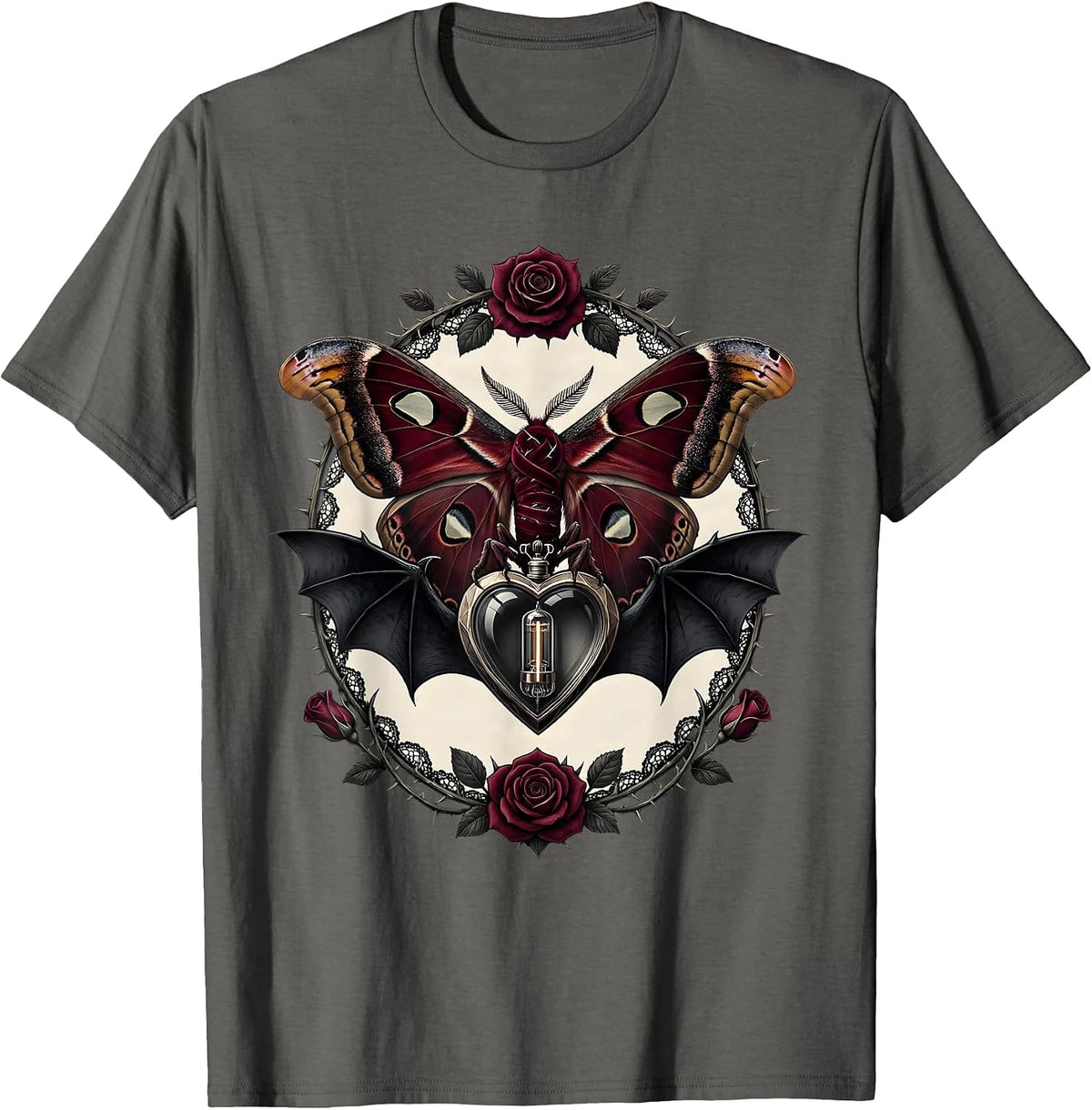 Moth and Glowing Vacuum Tube Rock Graphic T-Shirt - Asphalt Grey