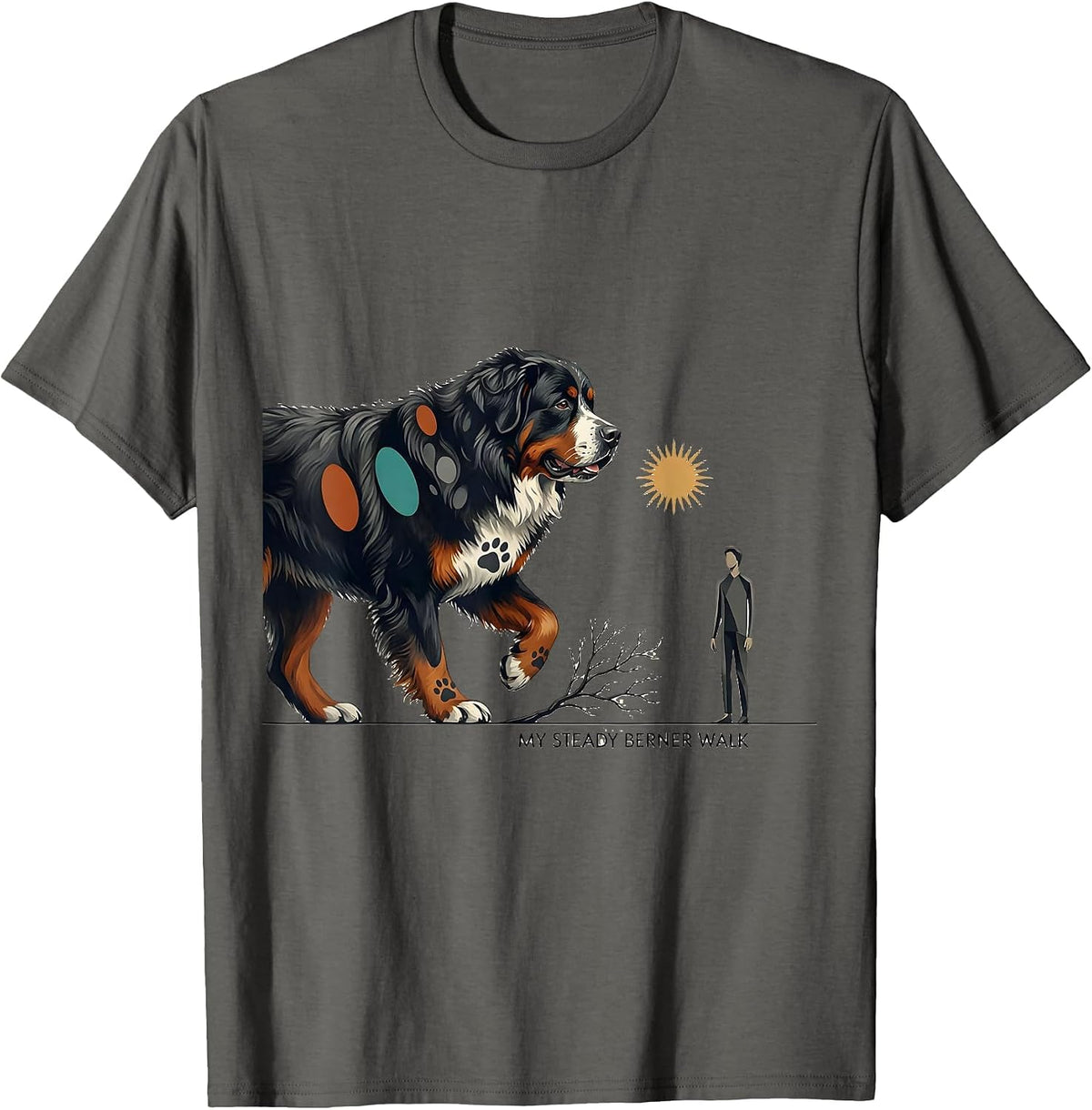 Men's My Steady Berner Walk Midcentury Modern Bernese Mountain Dog T-Shirt - Asphalt Grey