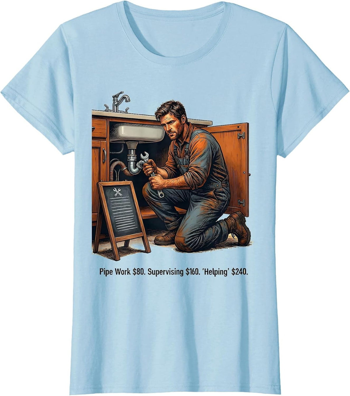 Pipe Work $80. Supervising $160. Helping $240. Funny Plumber T-Shirt - Baby Blue