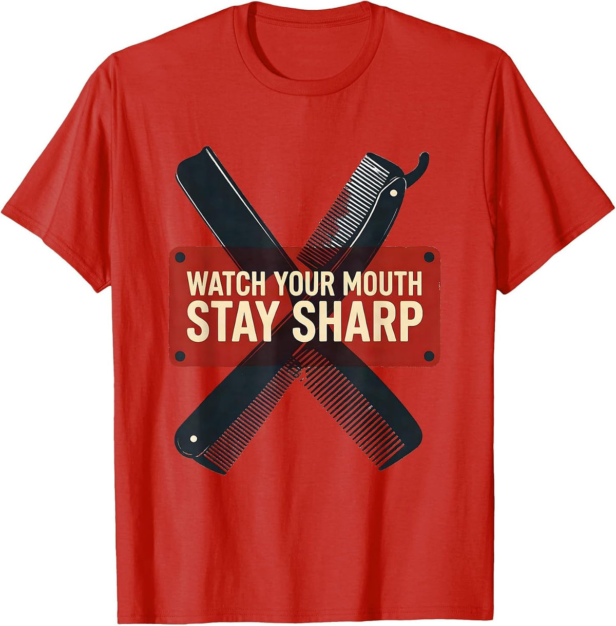 Men's Watch Your Mouth Stay Sharp Funny Barber Bald Men Humor T-Shirt - Red