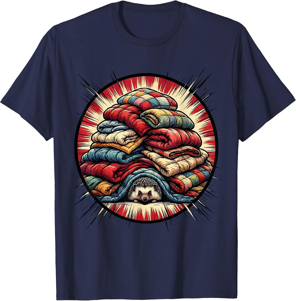 Men's Cozy Hedgehog Hiding Under Blanket Pile T-Shirt - Navy Blue