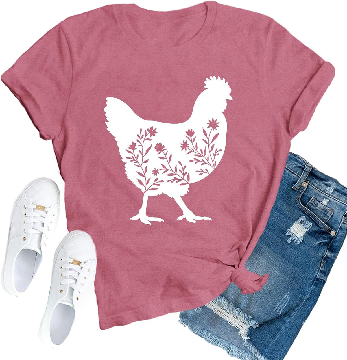 Chicken Shirt for Women Chicken Mom T-Shirt Chick Floral Top - Pink1
