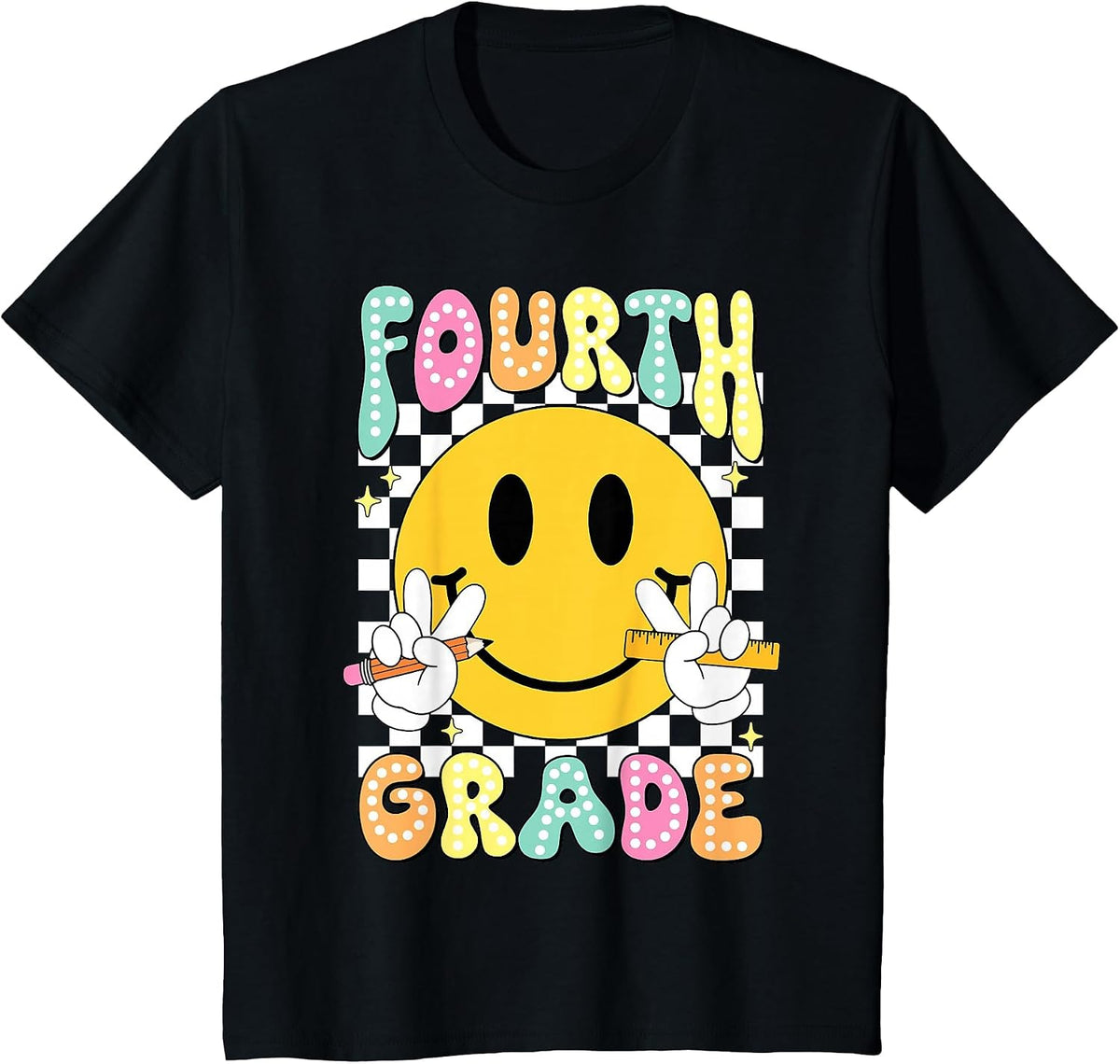 Hello Fourth Grade Smile Face Back to School Girls 4th Grade T-Shirt - Black