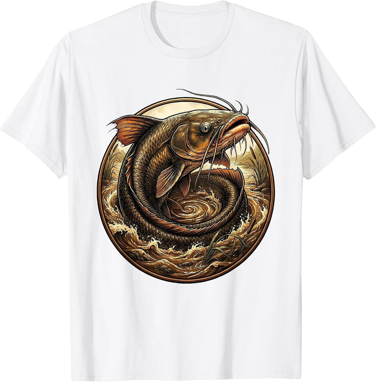 Men's Giant Catfish Swirling in Muddy River Graphic T-Shirt - White