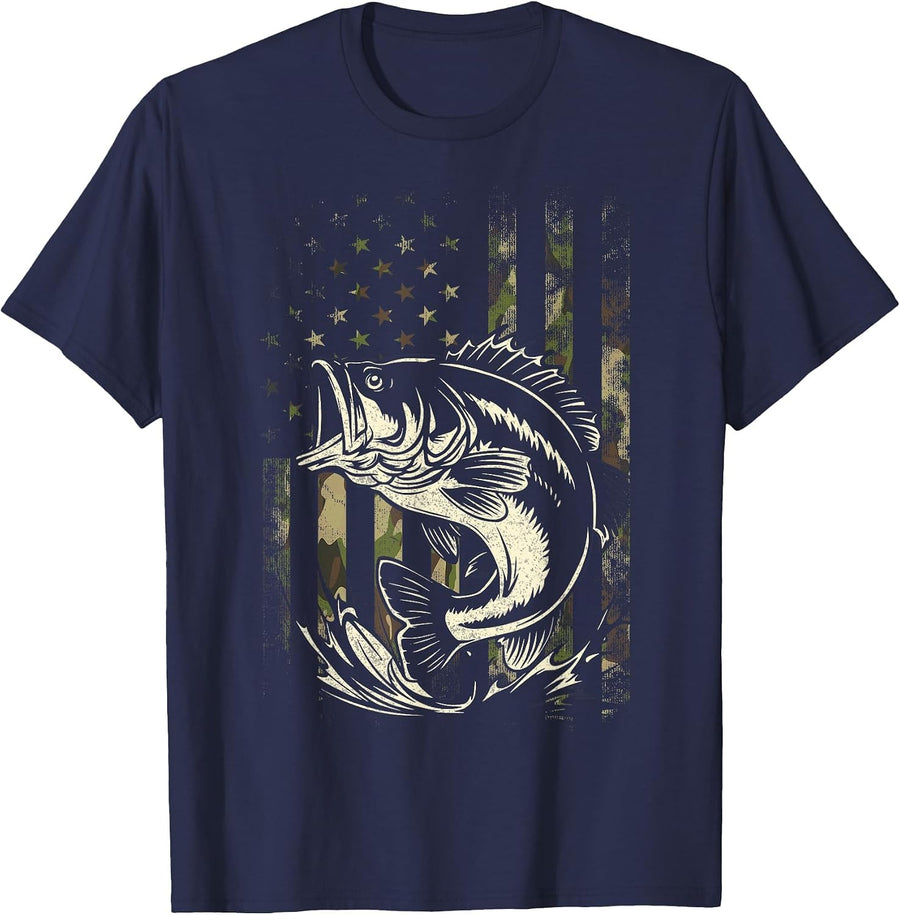 Fishing Camouflage US American Flag Bass Fish Fisherman Camo T-Shirt - Navy Blue