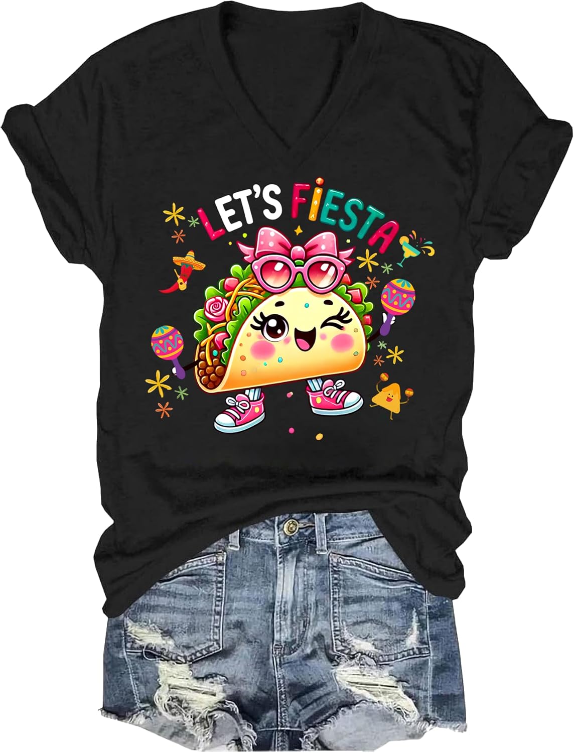 Cinco De Mayo Shirt Women Let's Fiesta Tshirt Lets Fiesta T Shirt Funny Cinco De Mayo Mexican Party T-Shirt - V-Neck Black