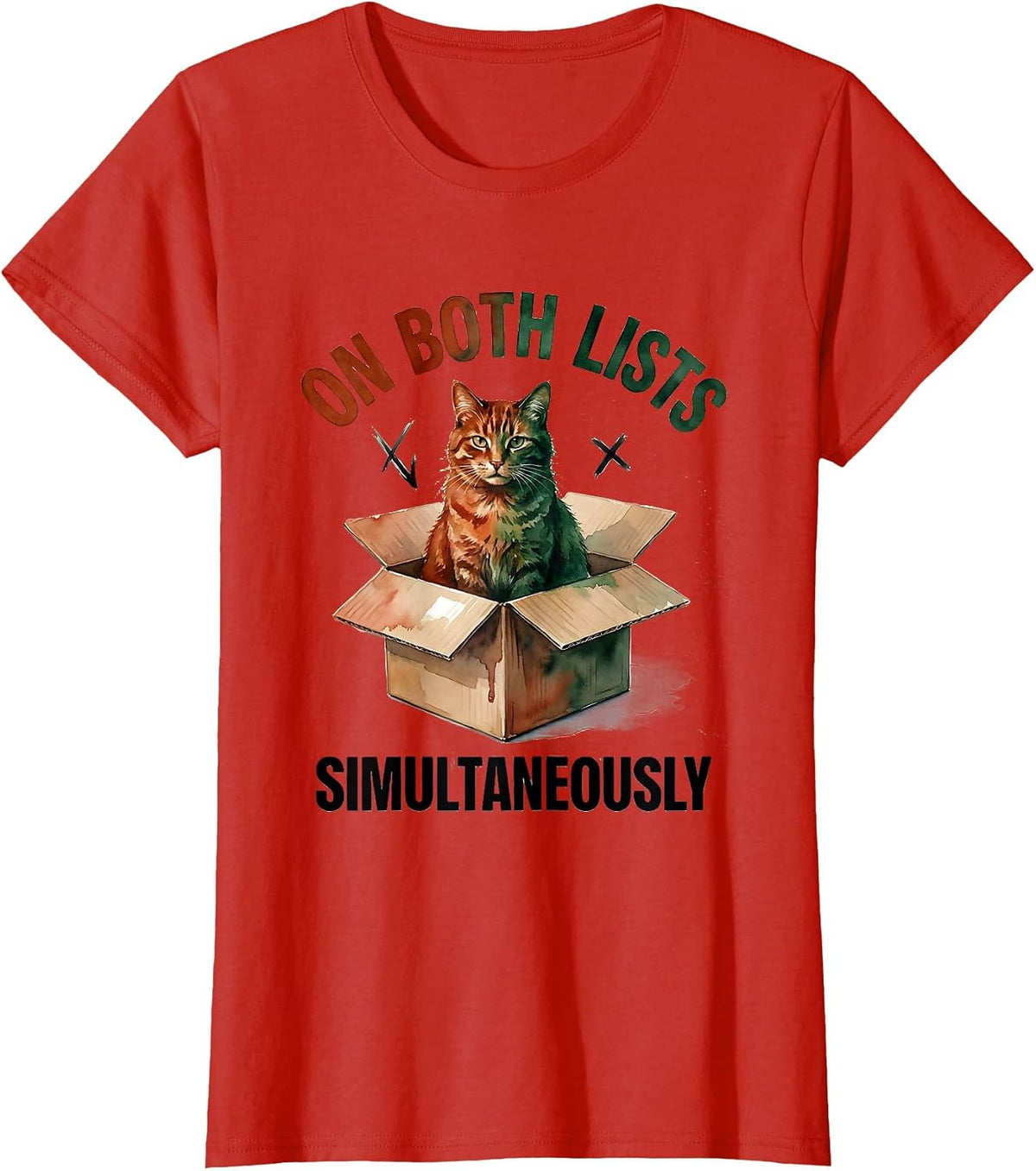 On Both Lists Simultaneously Funny Quantum Physics Cat Lover T-Shirt - Red