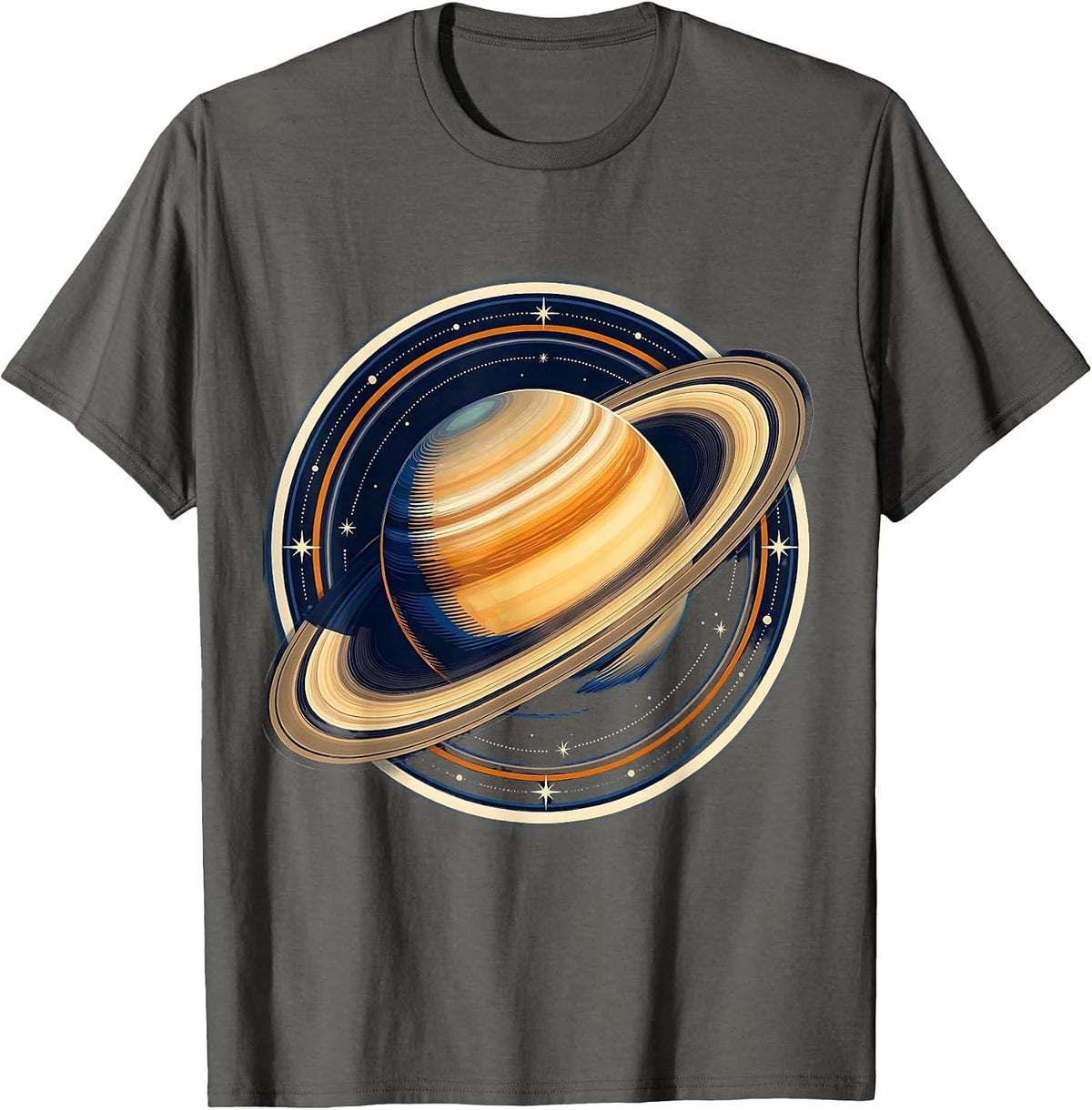 Saturn Close-Up Oversized Rings Space Illustration T-Shirt - Asphalt Grey
