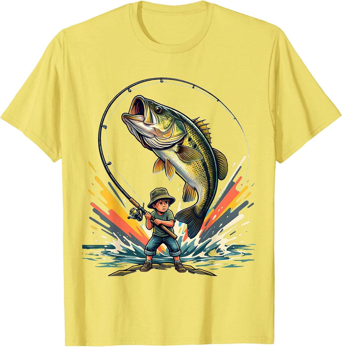 Men's Boys Fishing Young Angler Reeling In Giant Bass T-Shirt - Lemon Yellow
