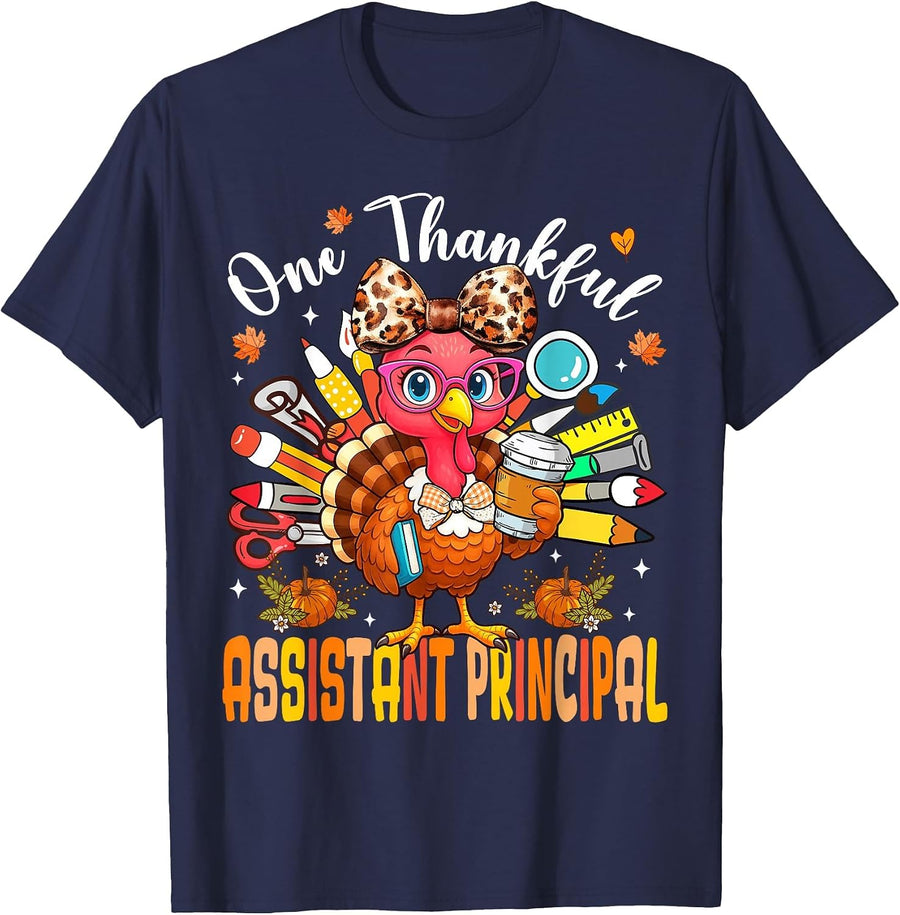 One Thankful Assistant Principal Thanksgiving Turkey Pencil T-Shirt - Navy Blue
