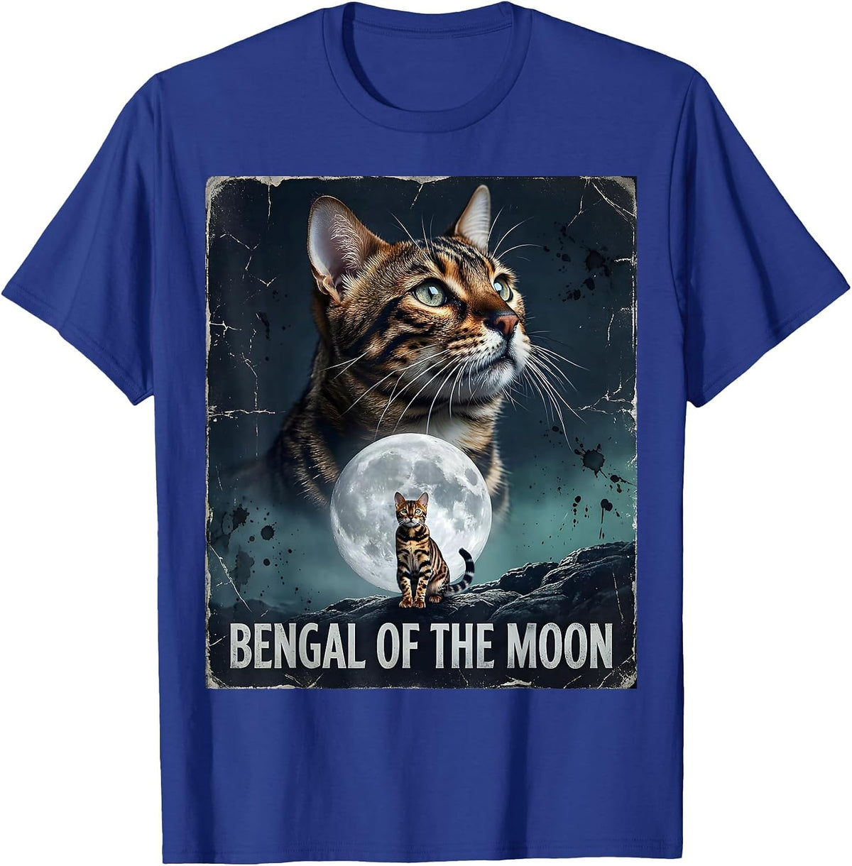 Bengal Of The Moon Distressed Funny Cat Lover Retro 90s T-Shirt - Royal Blue