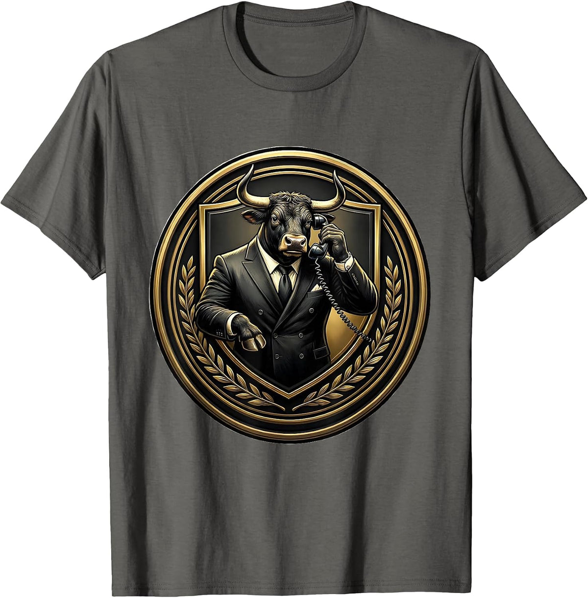 Bull in Business Suit Holding Phone Graphic T-Shirt - Asphalt Grey
