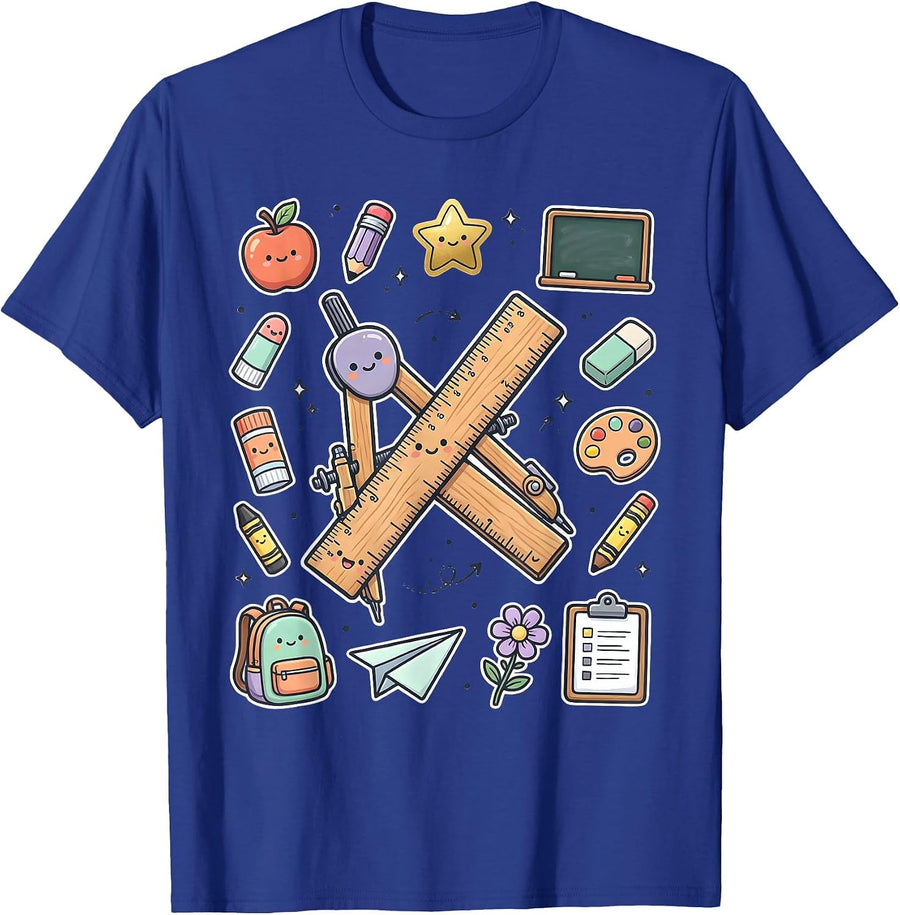 4th Grade Teacher Ruler Compass Crossed Design T-Shirt - Royal Blue