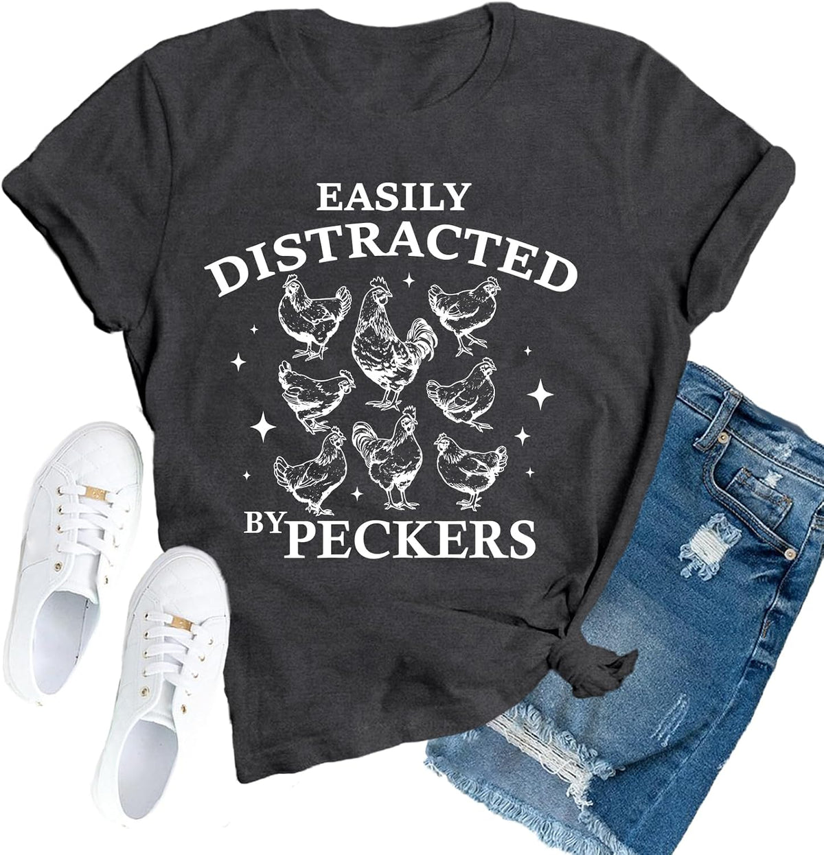 Chicken Shirt for Women Chicken Mom T-Shirt Chick Floral Top - Grey