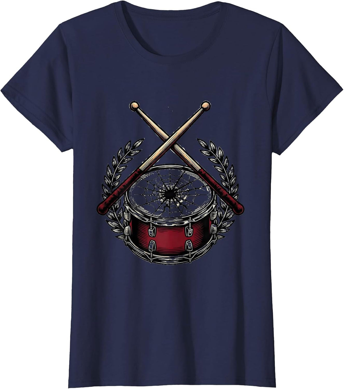 Women's Crossed Drumsticks Cracked Snare Drum Illustration T-Shirt - Navy Blue