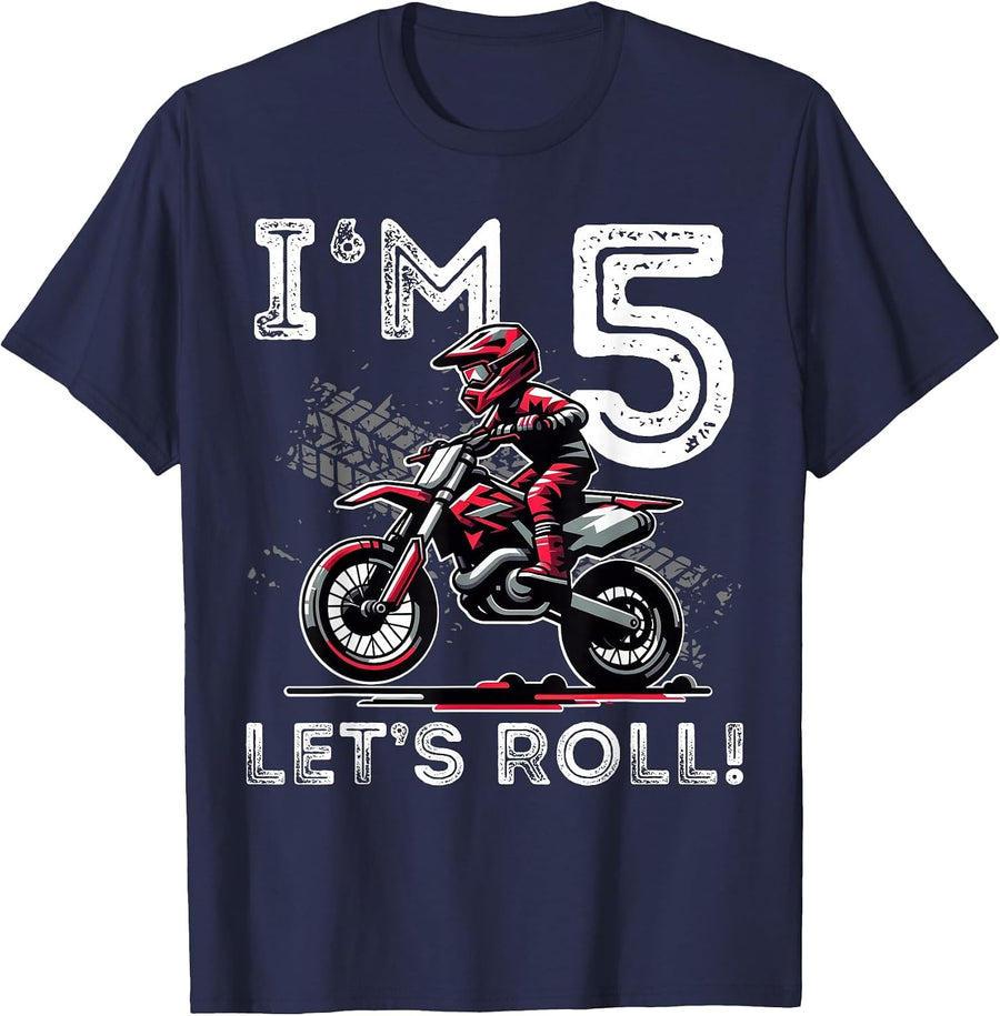 Kids I'm 5 Let's Roll 5th Birthday Dirt Bike Motocross Boys T-Shirt - Navy Blue