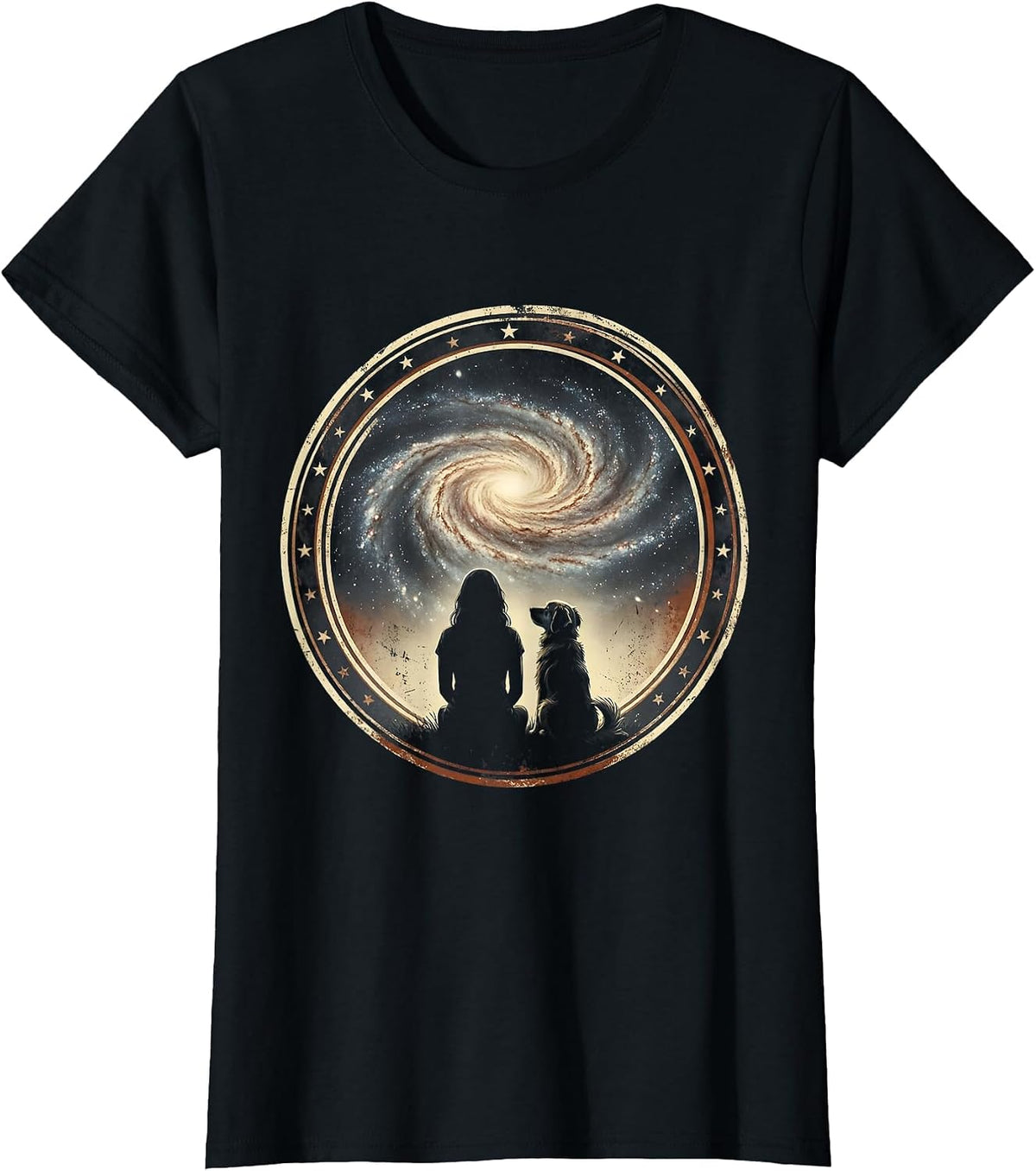 Woman and Dog Gazing at Starry Galaxy Design T-Shirt - Black