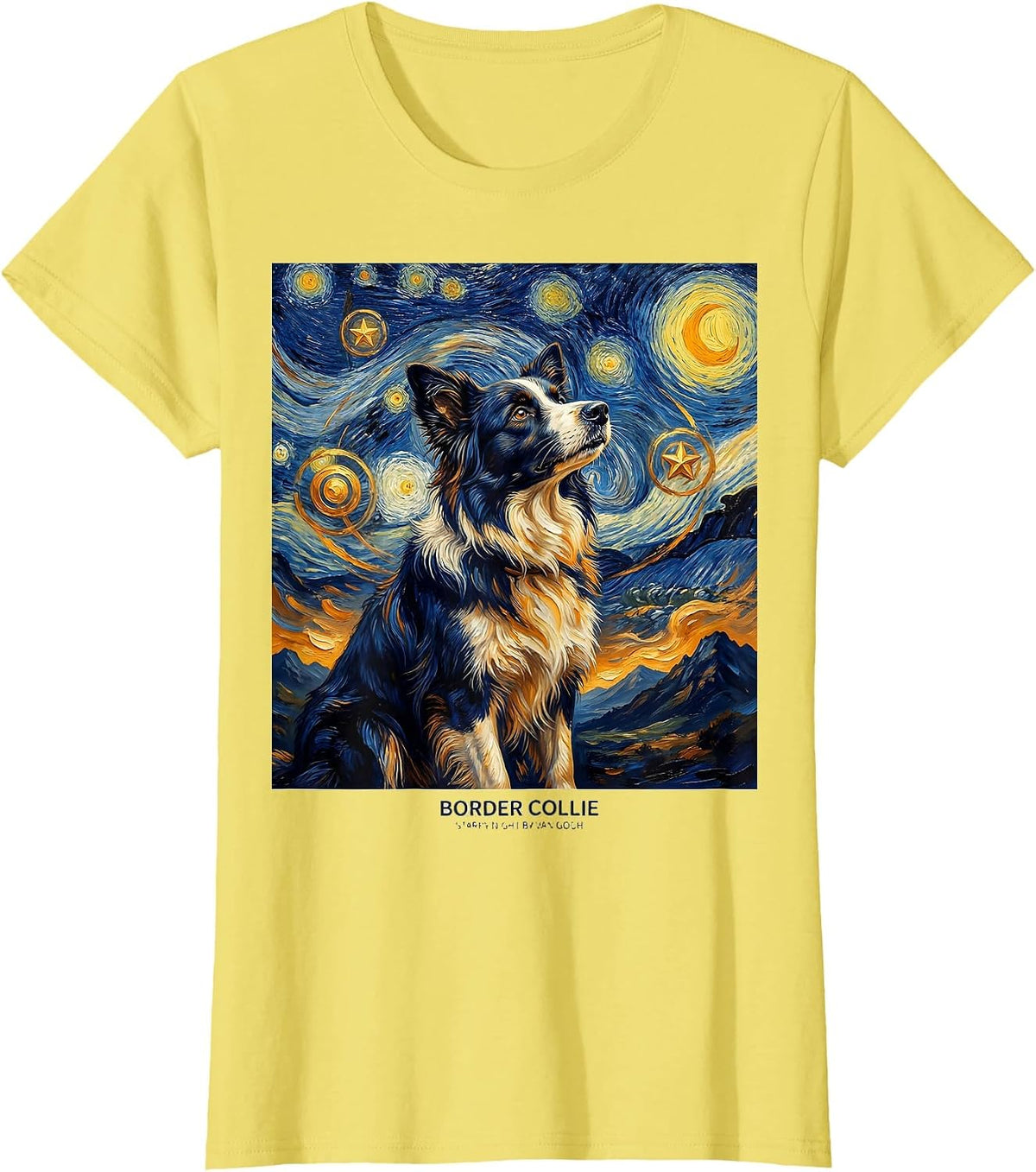 Border Collie — Starry Night by Van Gogh Art Portrait T-Shirt - Lemon Yellow