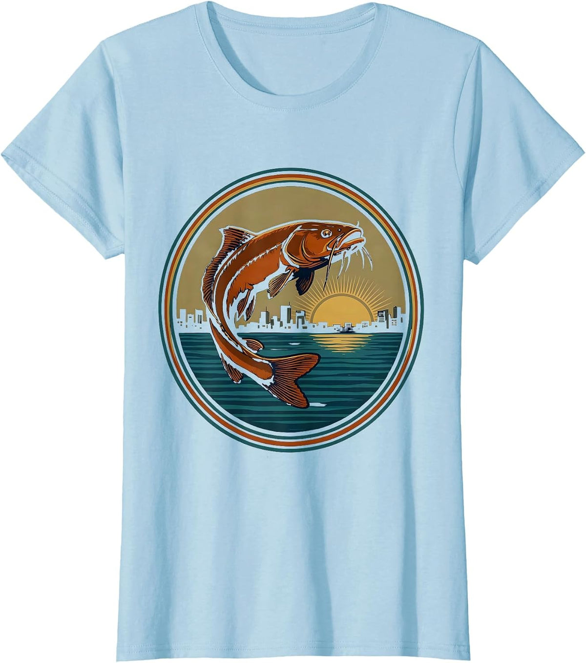 Nashville Cumberland River Catfish Dusk Illustration T-Shirt - Baby Blue