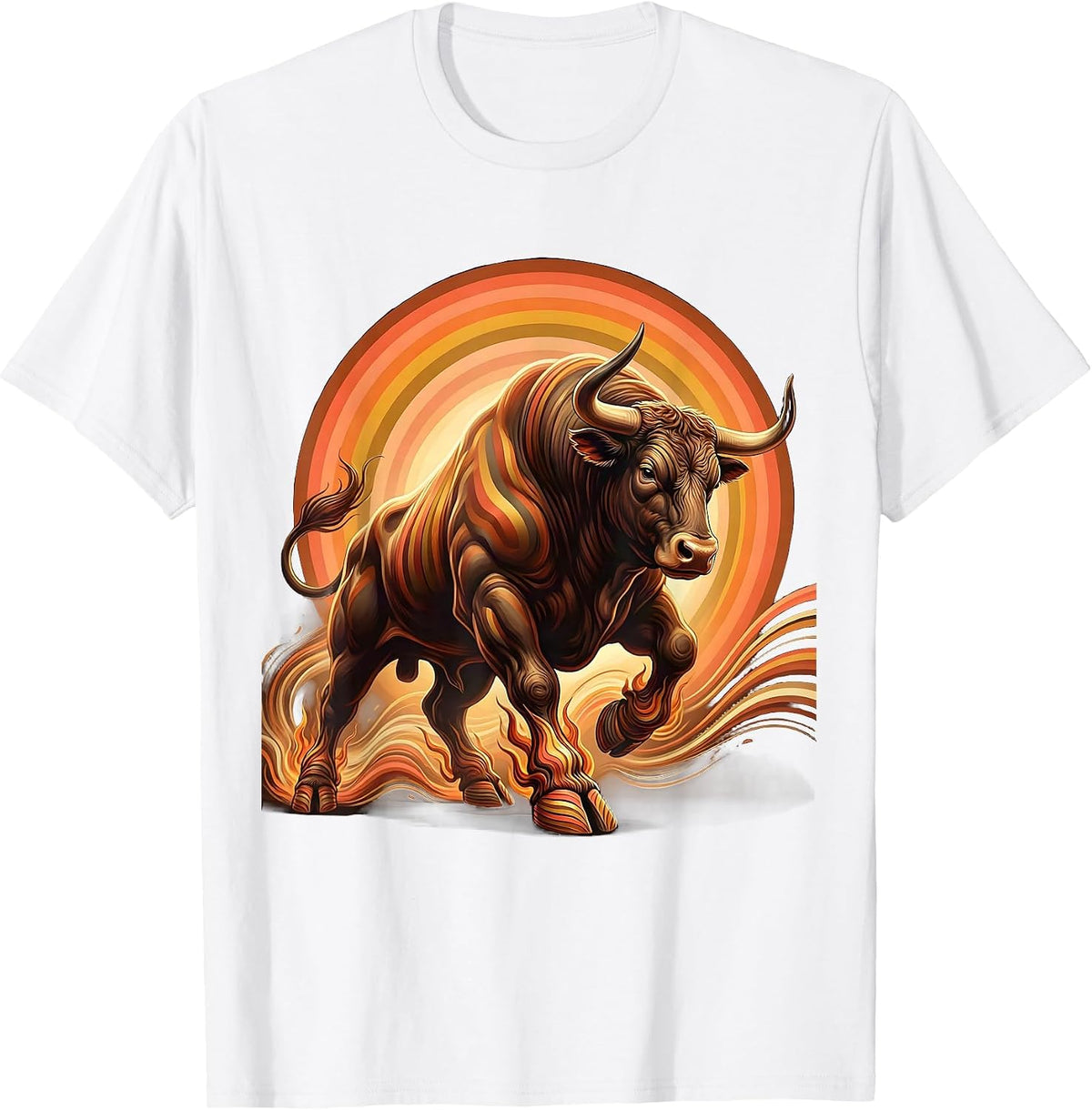 Men's Flaming Bull Rodeo Charging Beast Graphic Tee T-Shirt - White
