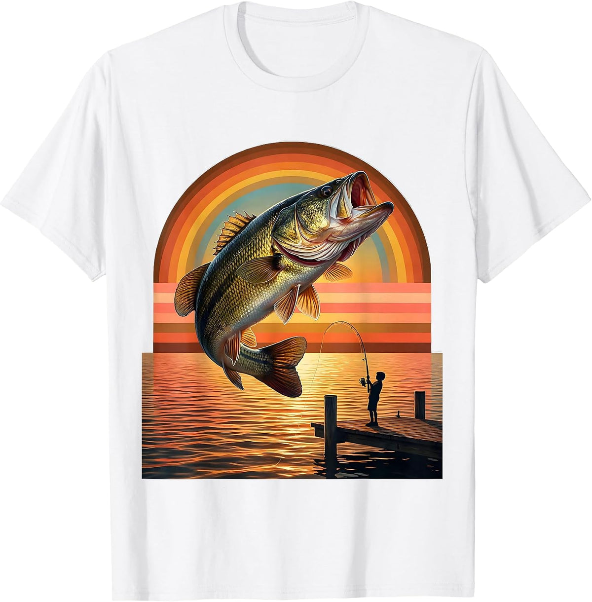 Kids Fishing Reeling In Giant Leaping Bass T-Shirt - White