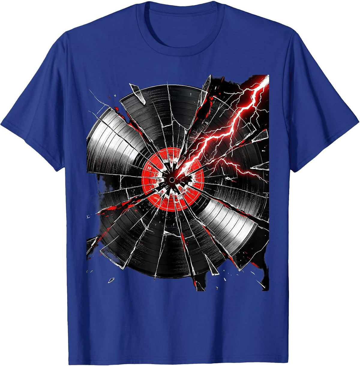 Cracked Vinyl Record Lightning Rock Graphic Tee T-Shirt - Royal Blue