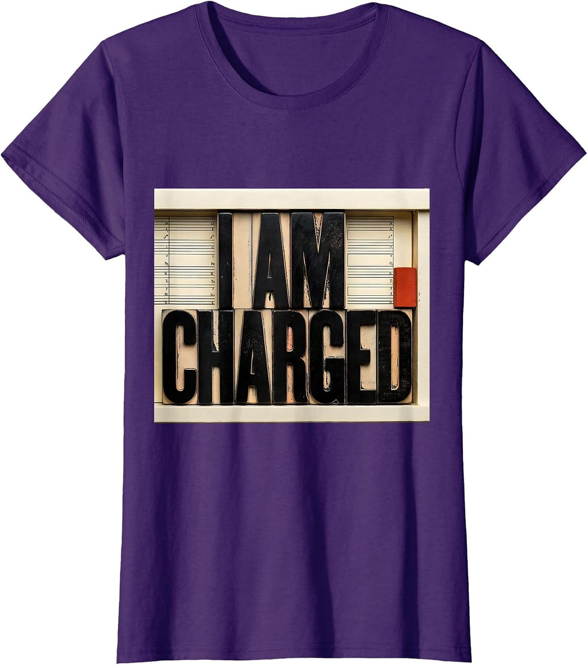 Women's I Am Charged Wood Type Letterpress Chemistry Pun Science T-Shirt - Purple