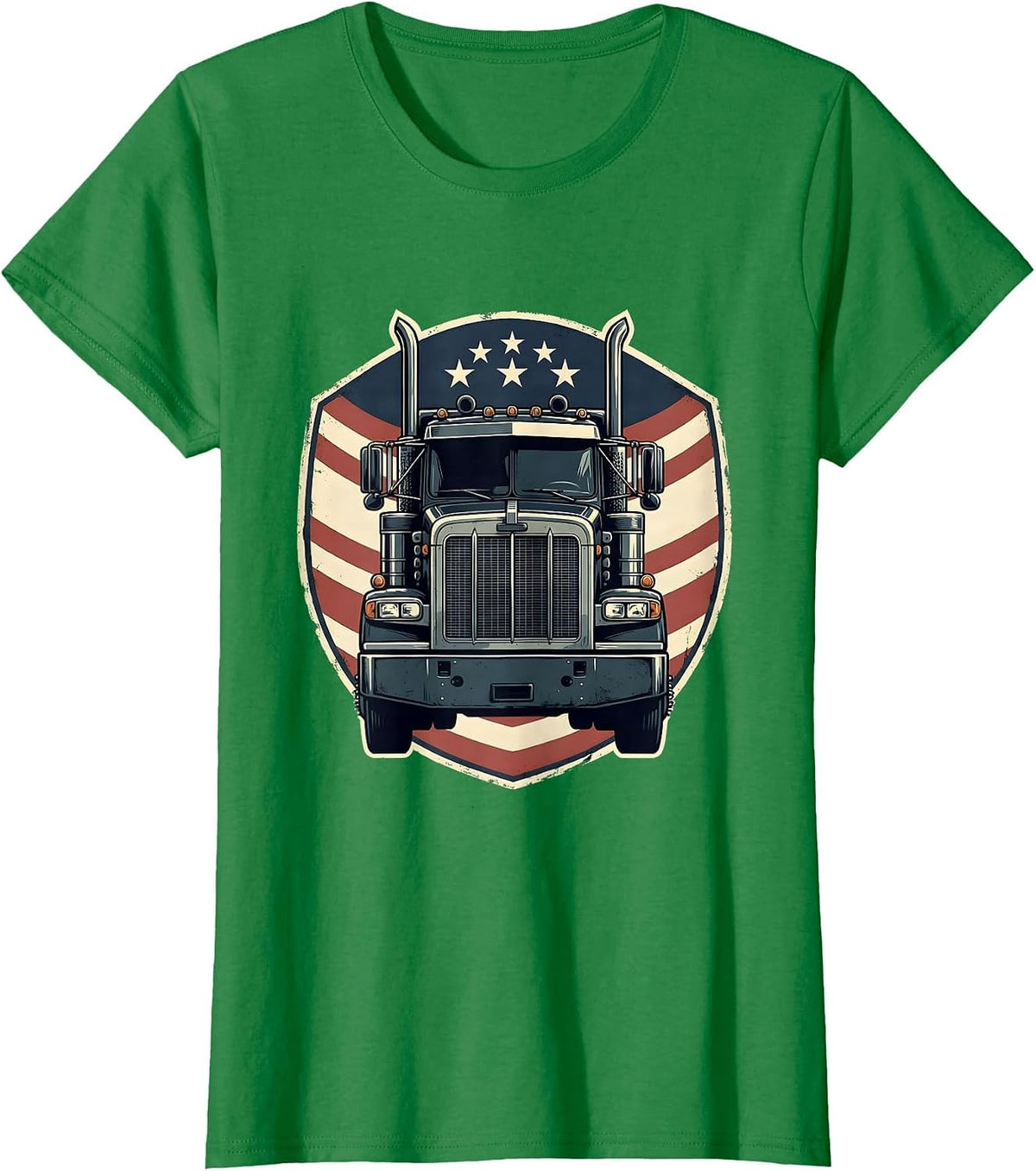 Women's Semi Truck Crest American Flag Patriotic Driver T-Shirt - Kelly Green