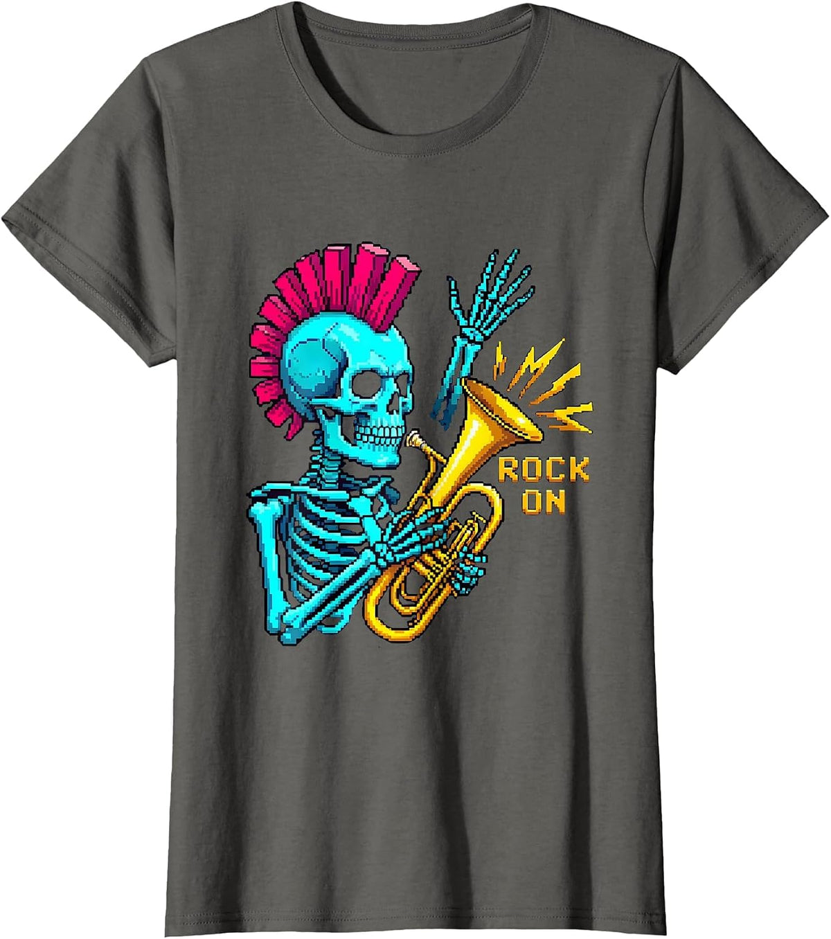 Women's Rock On Punk Skeleton Skull Halloween Music Humor T-Shirt - Asphalt Grey
