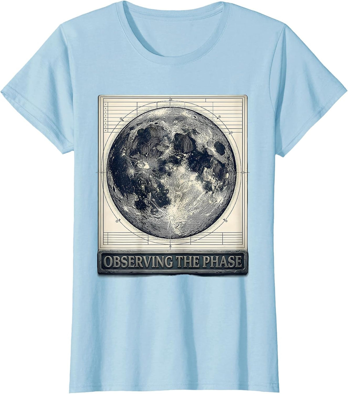 Women's Observing The Phase Crosshatch Etching Moon Phase Astronomy T-Shirt - Baby Blue