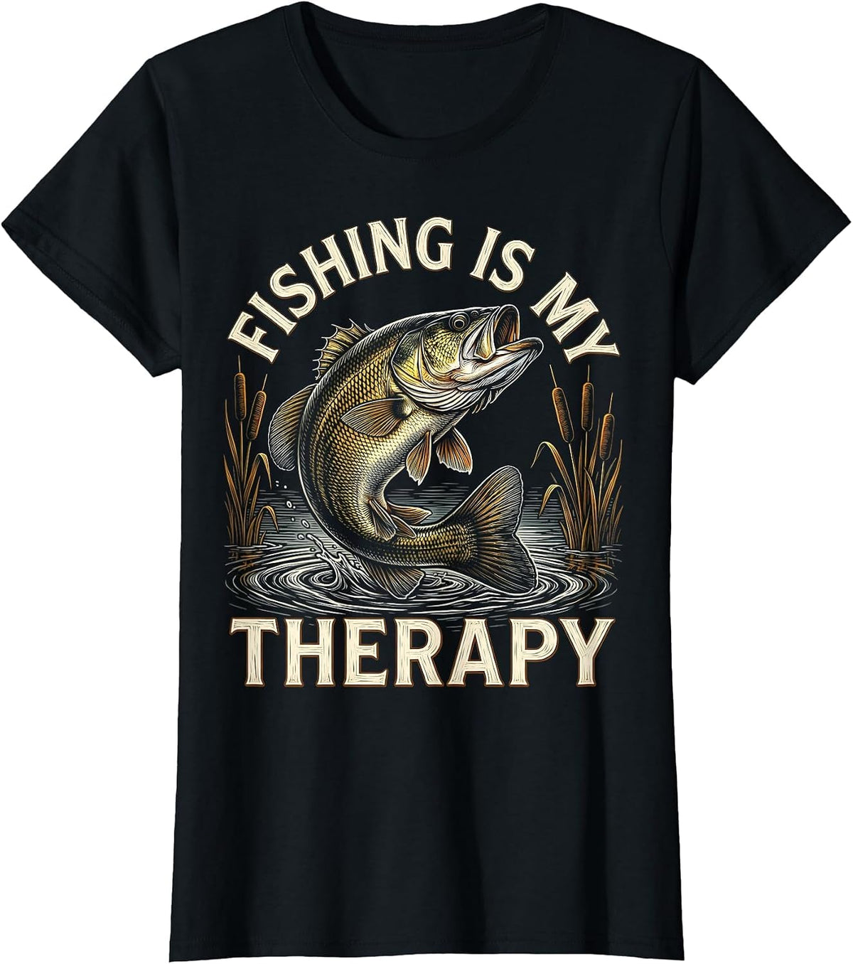 Fishing Is My Therapy Outdoor Angler Design T-Shirt - Black