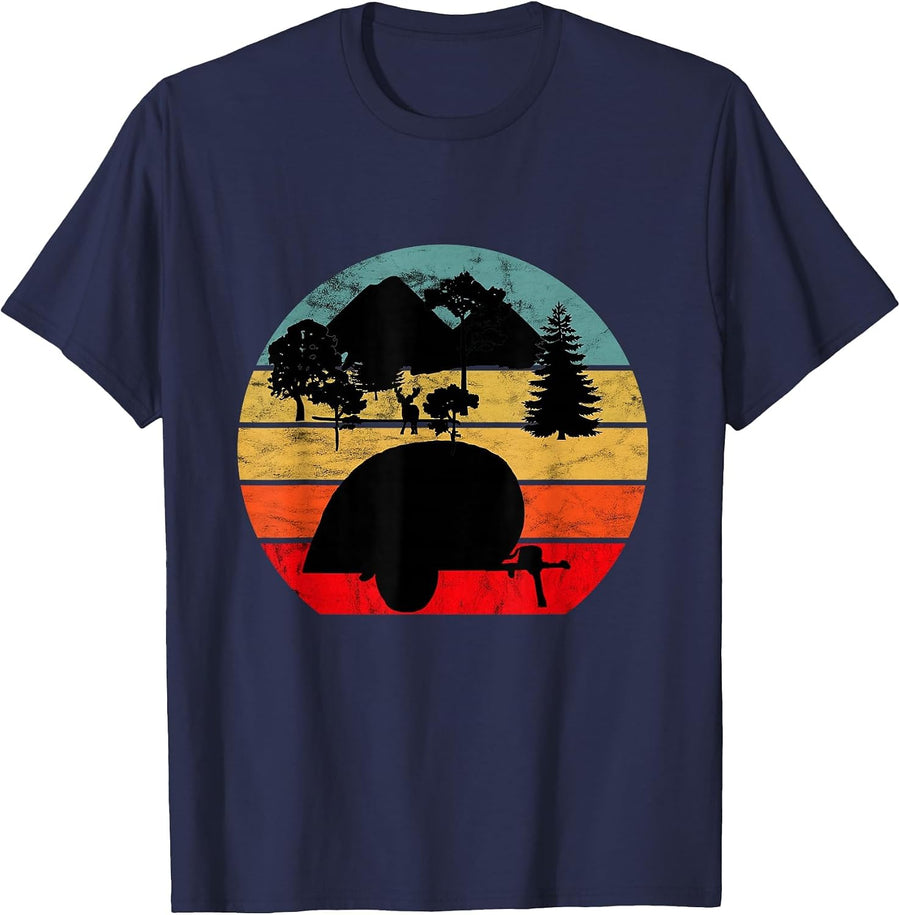 Camping Caravan Vintage Retro Sunset Camper T-Shirt - Navy Blue
