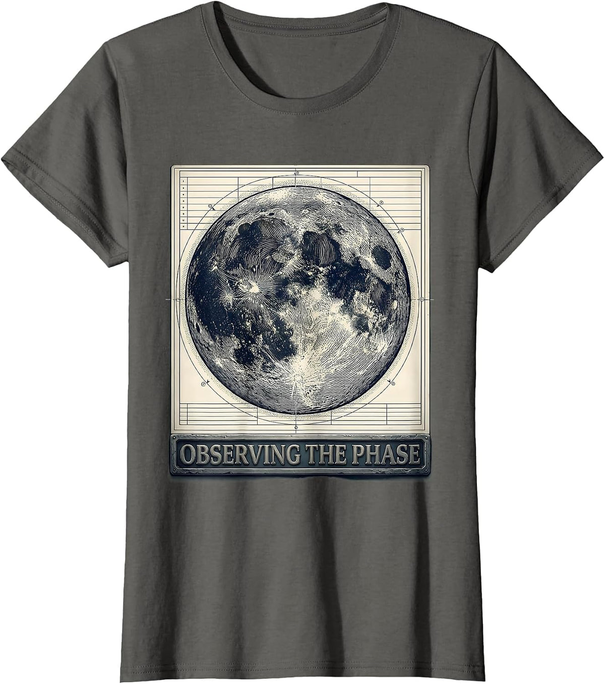 Women's Observing The Phase Crosshatch Etching Moon Phase Astronomy T-Shirt - Asphalt Grey