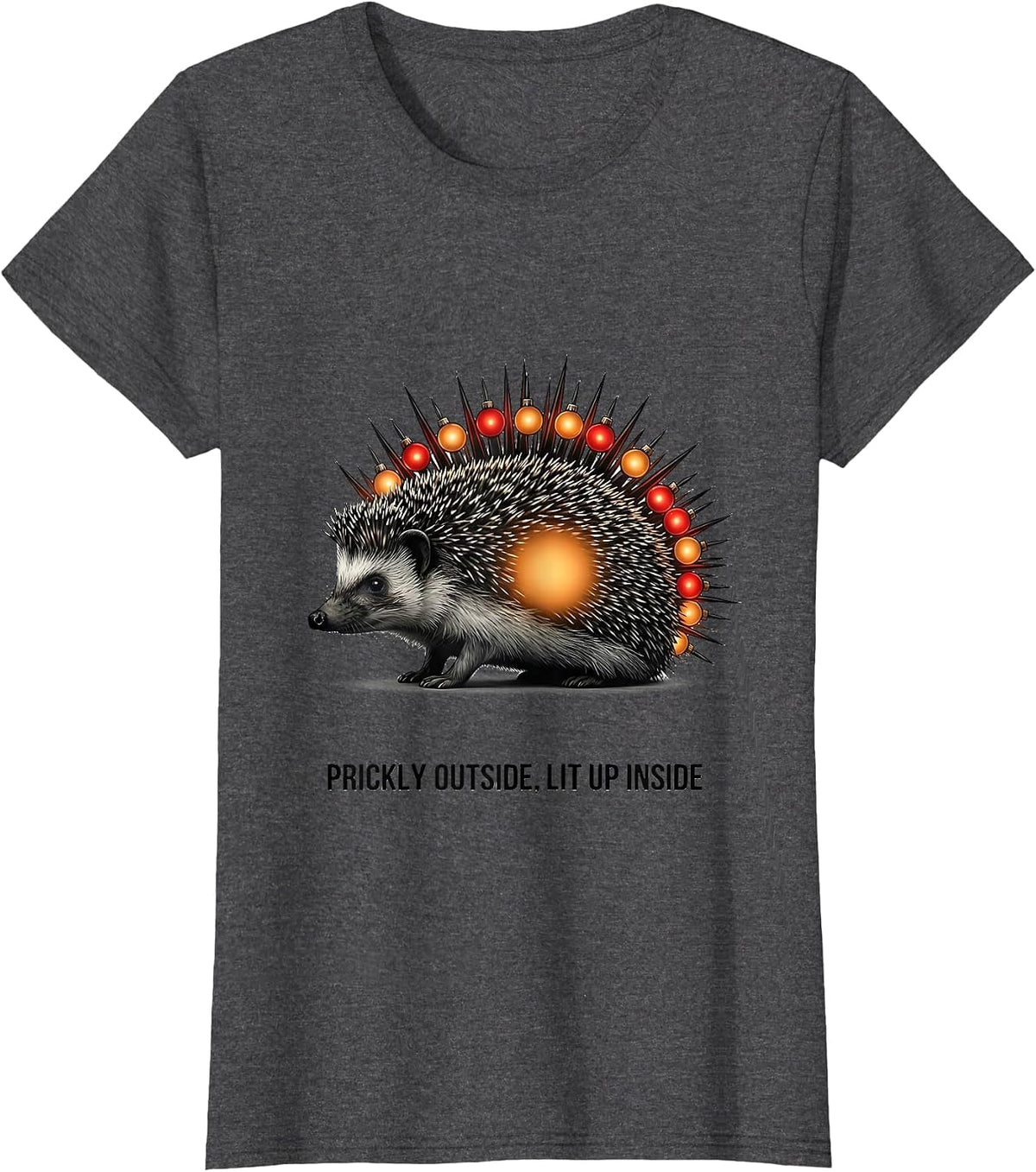 Women's Prickly Outside, Lit Up Inside Cute Hedgehog Christmas T-Shirt - Dark Heather Grey