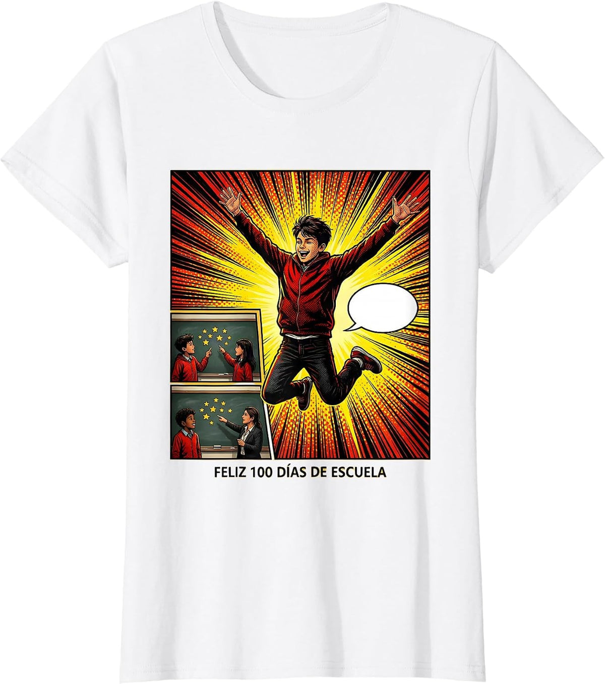 Women's Feliz 100 Días de Escuela Comic Book Spanish Teacher 100th T-Shirt - White