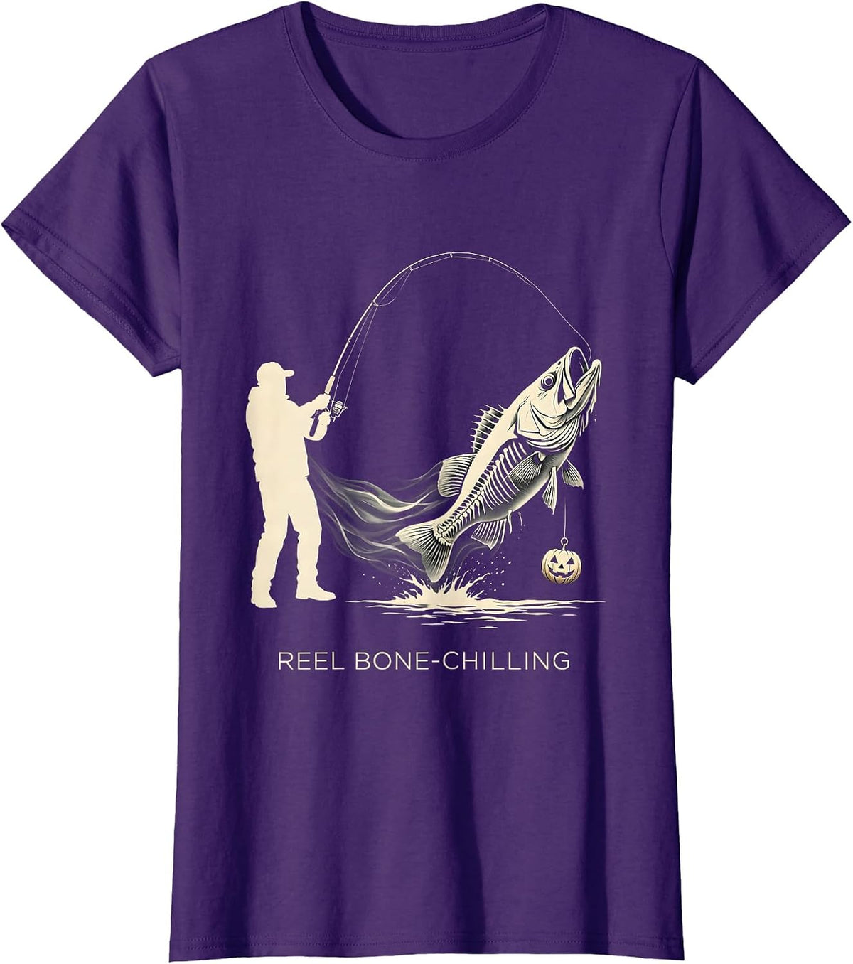 Women's Reel Bone-Chilling Silhouette Halloween Skeleton Fishing T-Shirt - Purple