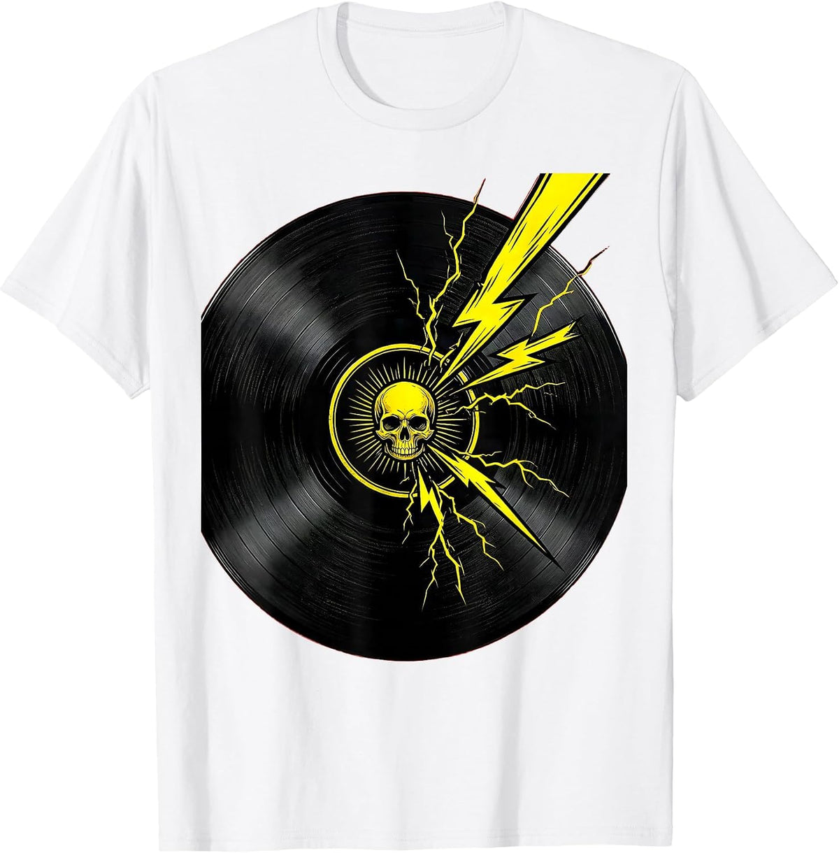 Men's Cracked Vinyl Record Lightning Rock Band Graphic T-Shirt - White