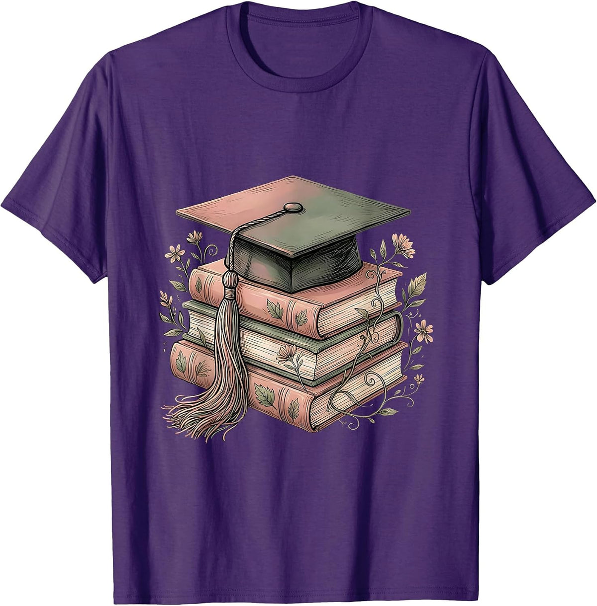 Men's Elementary Teacher Graduation Cap and Books Design T-Shirt - Purple