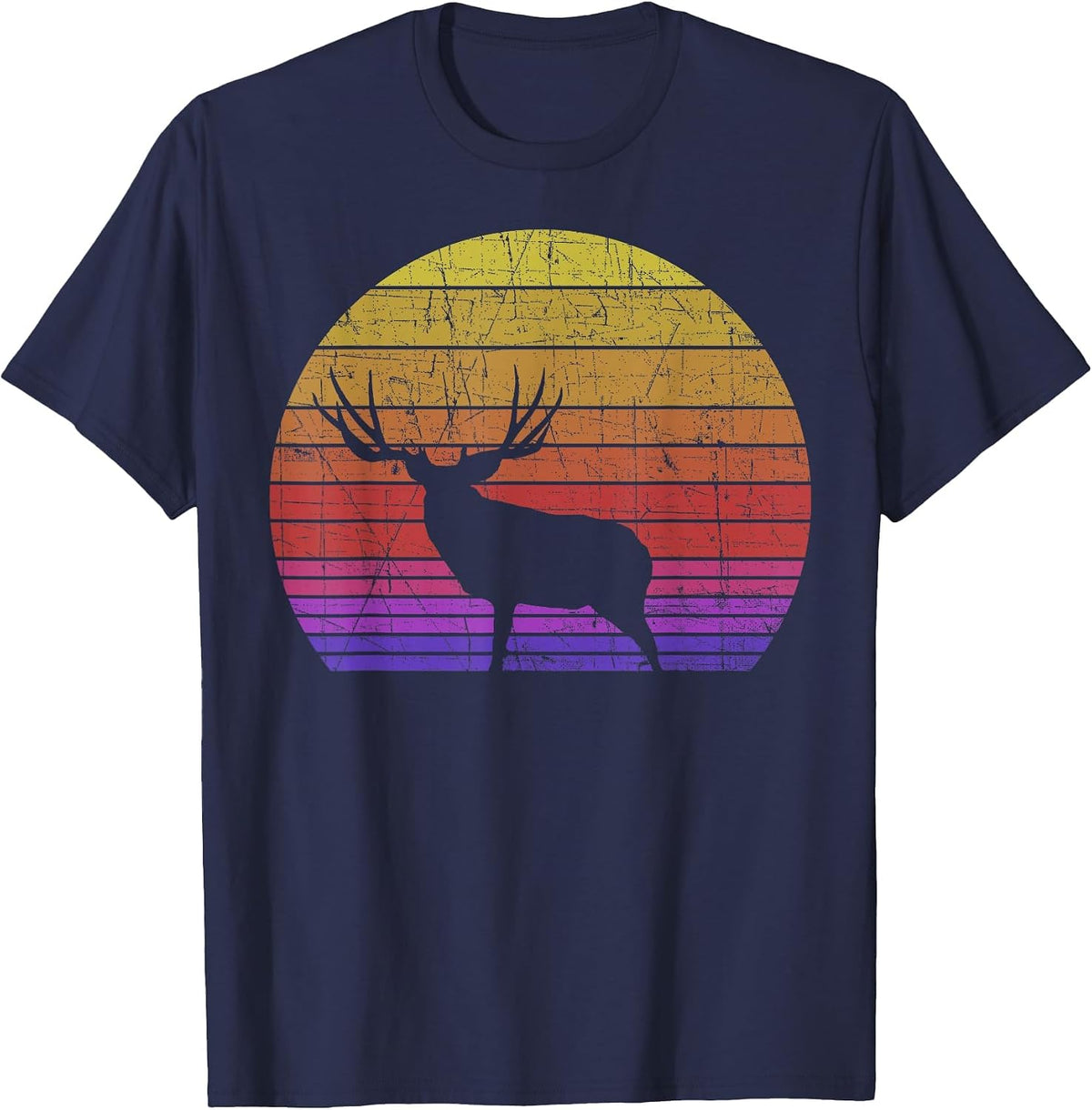 Mule Deer Hunting - Retro Sunset Hunter Outdoorsmen T-Shirt - Navy Blue