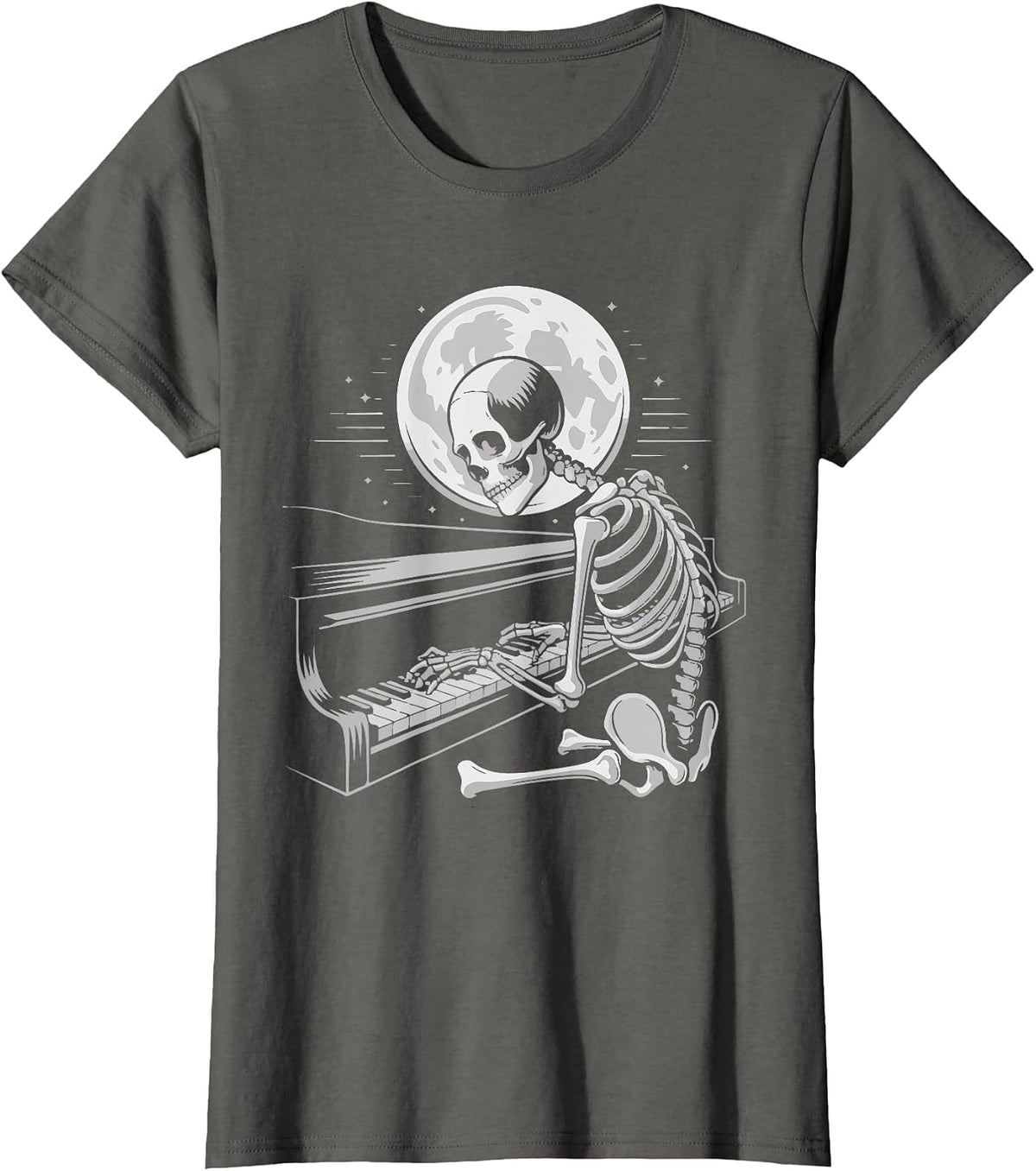 Skeleton Playing Piano Moon Halloween Pianist T-Shirt - Asphalt Grey