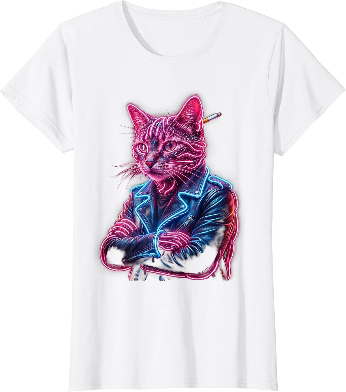 Cool Cat in Leather Jacket Graphic Tee T-Shirt - White