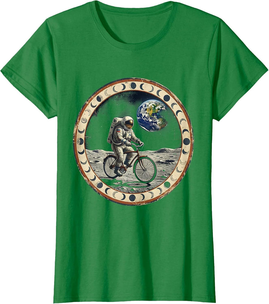 Women's Astronaut Riding Bike on the Moon Surface T-Shirt - Kelly Green