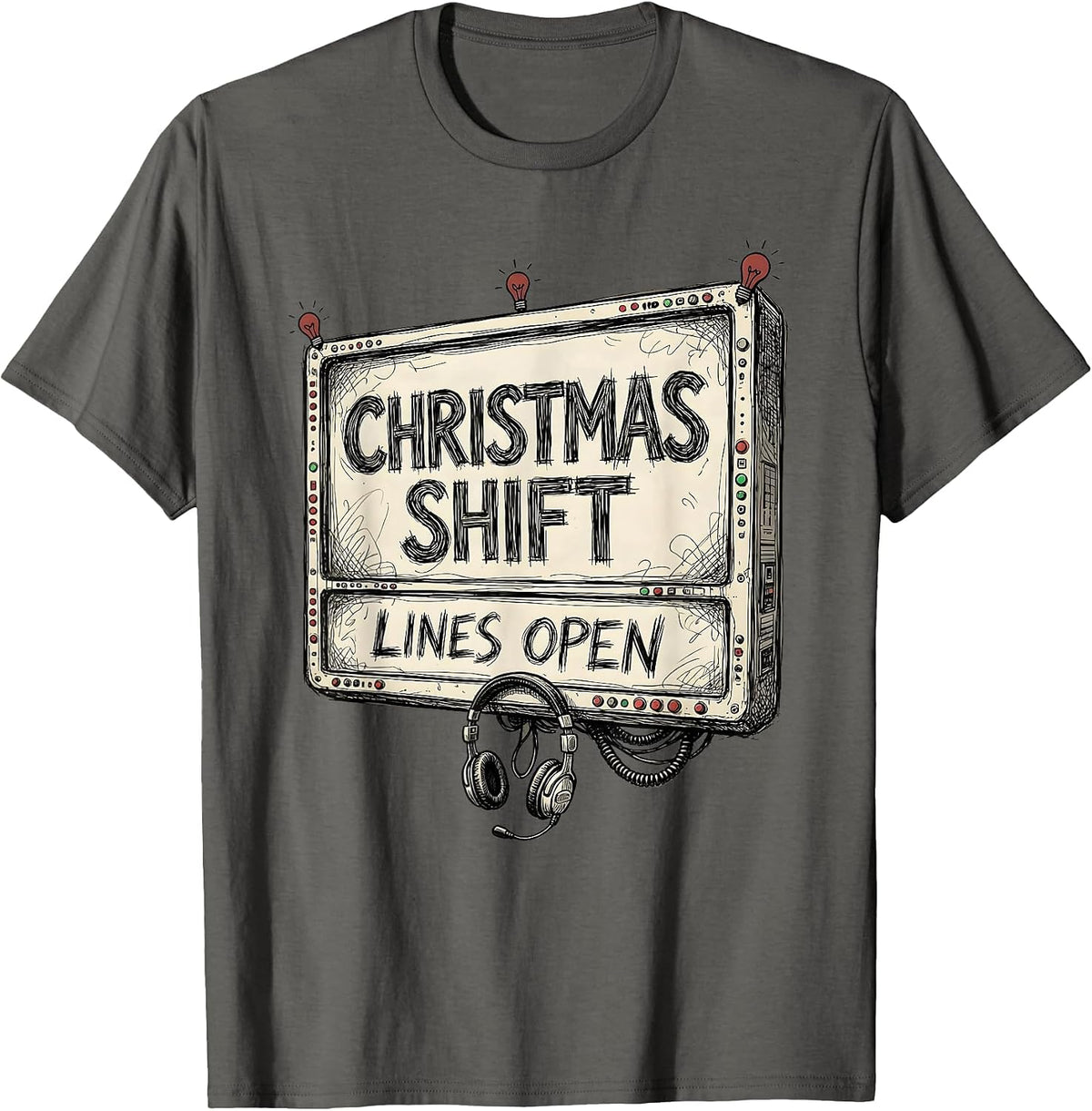 Men's Christmas Shift Lines Open Funny 911 Dispatcher Christmas T-Shirt - Asphalt Grey