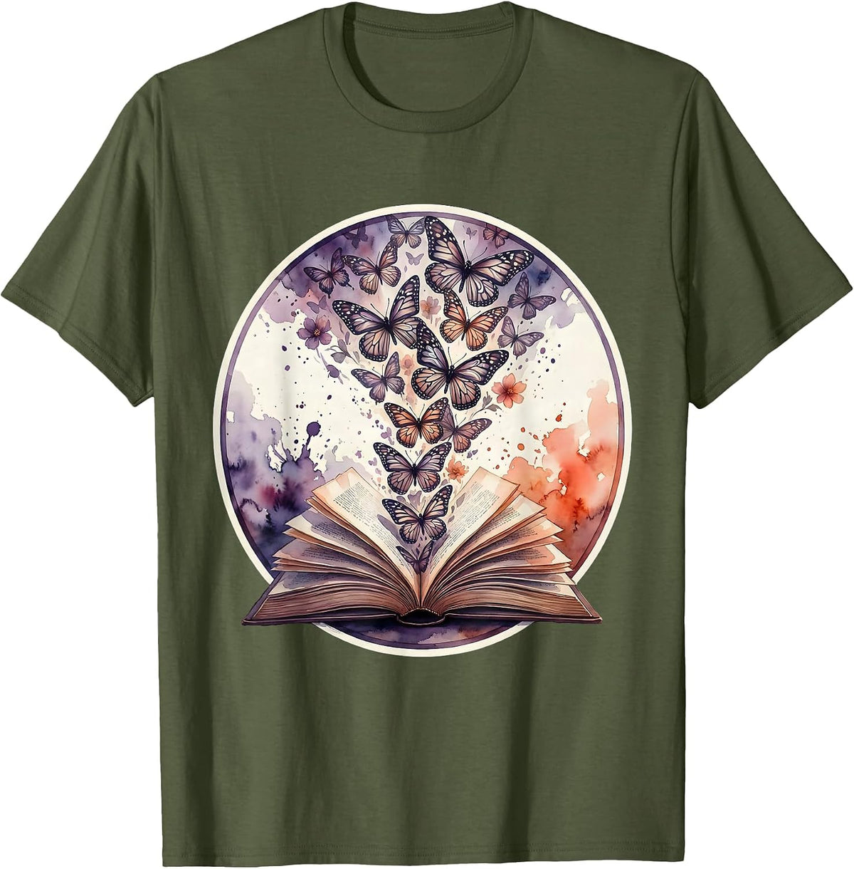 Dyslexia Awareness Open Book Butterflies Design T-Shirt - Olive Green