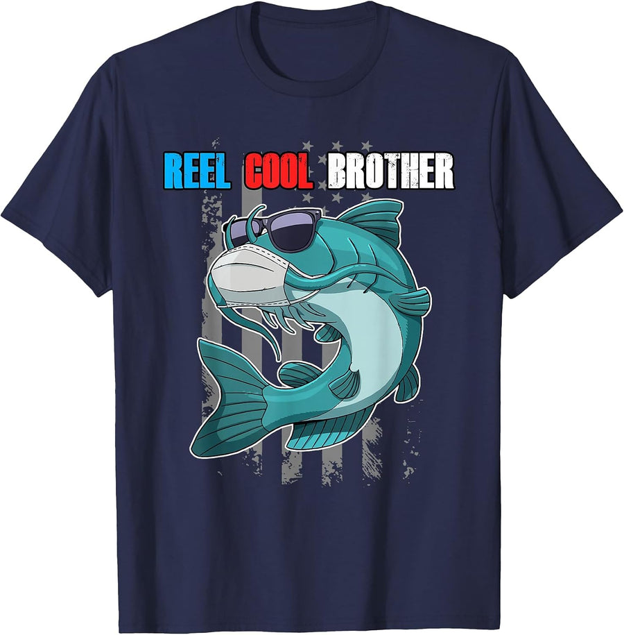 Reel Cool Brother Fish Sunglasses Facemask USA Flag Fishing T-Shirt - Navy Blue