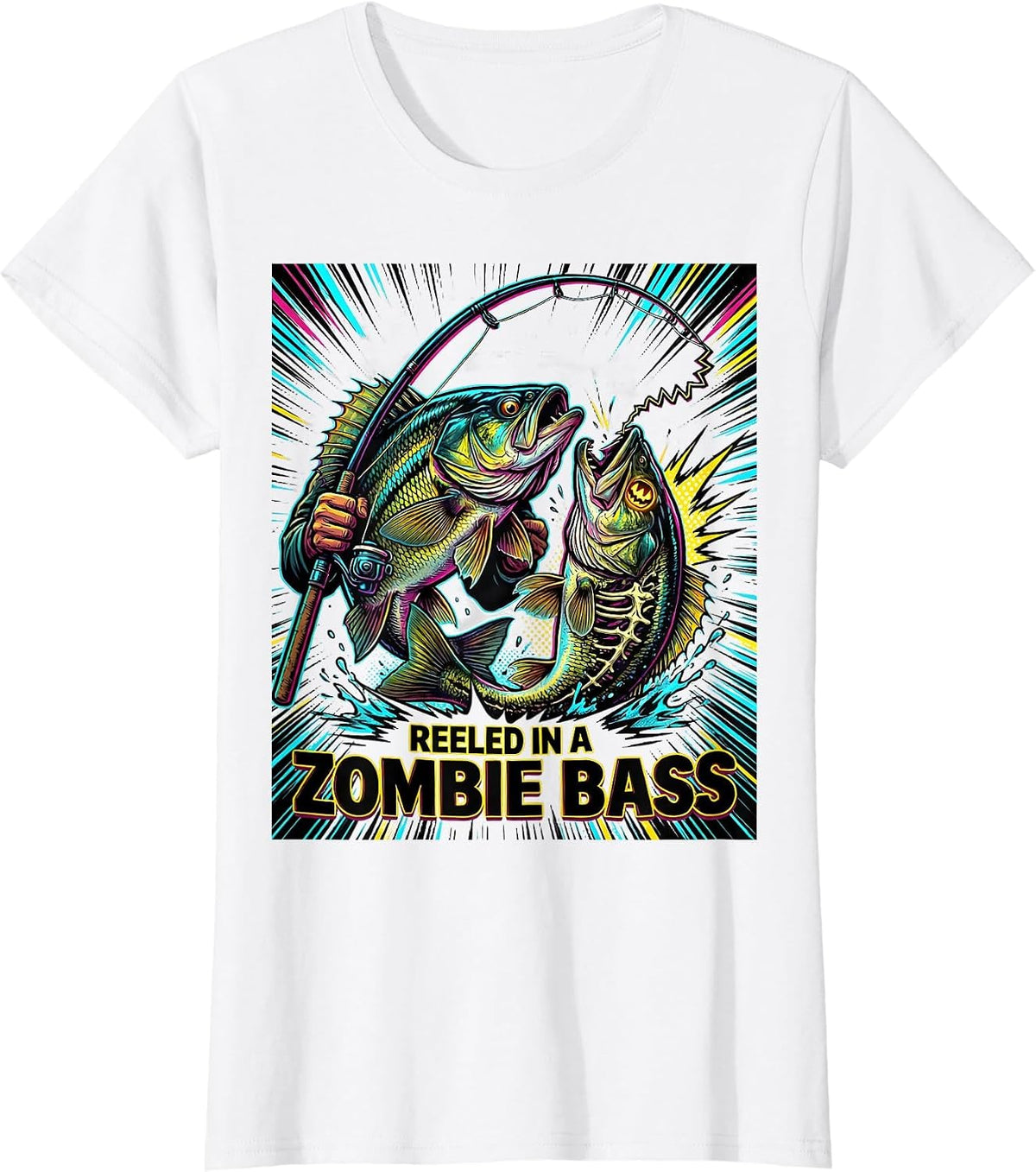 Reeled In A Zombie Bass Pop Art Halloween Fishing Men Boys T-Shirt - White