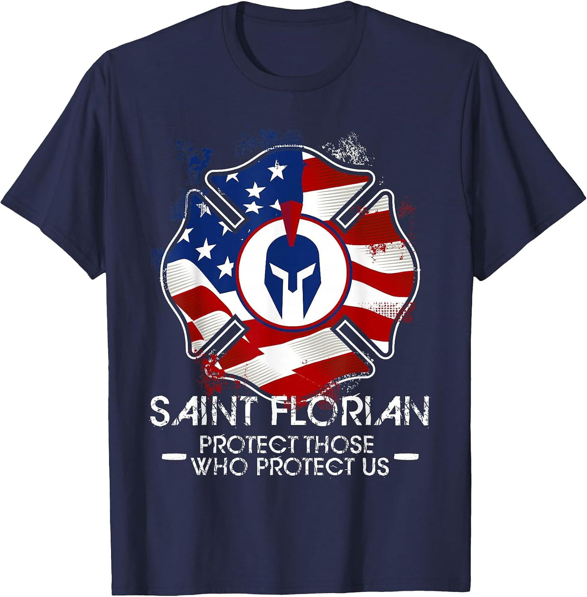 St Florian Patron Saint of Firefighters USA Catholic T-Shirt - Navy Blue