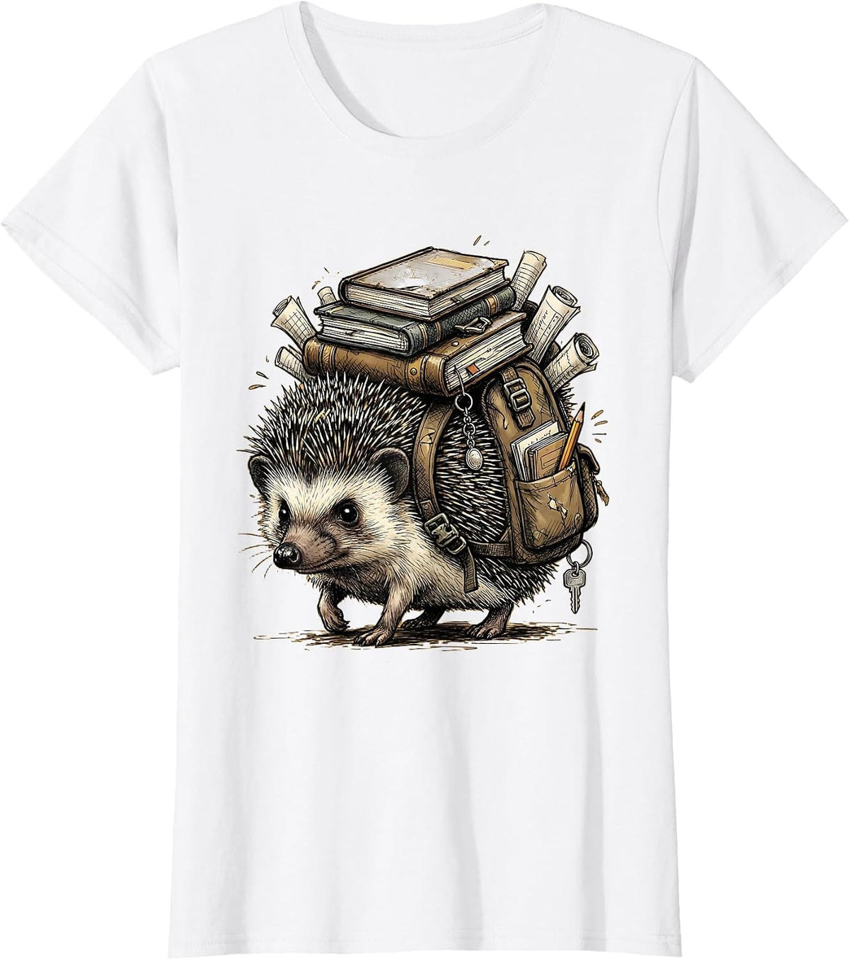 Women's Cute Hedgehog Teacher Bookworm Graphic T-Shirt - White