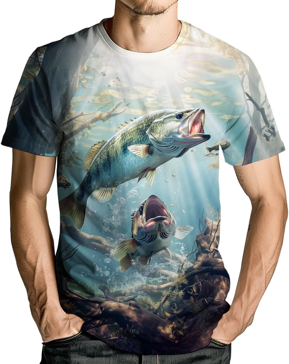 Men’s 3D Fishing T-Shirt Realistic Fish Graphic Short Sleeve Tee for Outdoor Sports and Casual Wear - Bass Fish Print Shirt