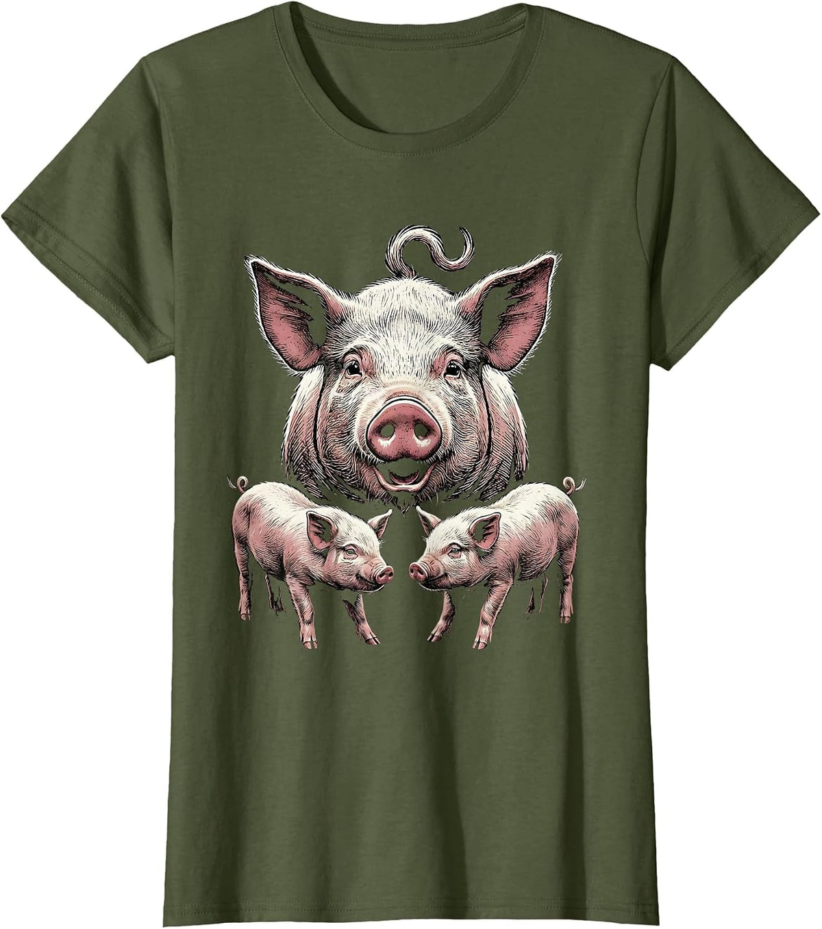 Women's Proud Pig Family Woodcut Engraving Farm Animal Lover Humor T-Shirt - Olive Green